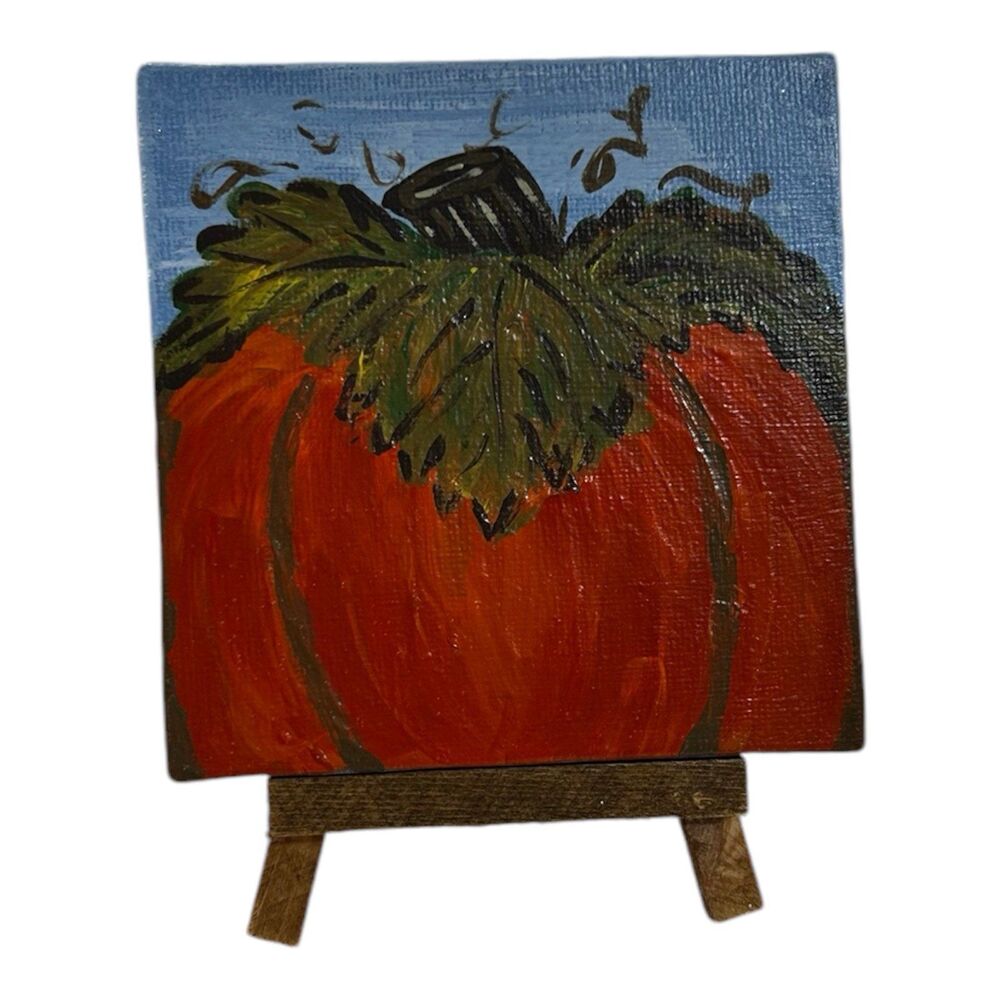 4x4” Handpainted Canvas with Easel Pumpkin Fall Halloween Thanksgiving Farmhouse